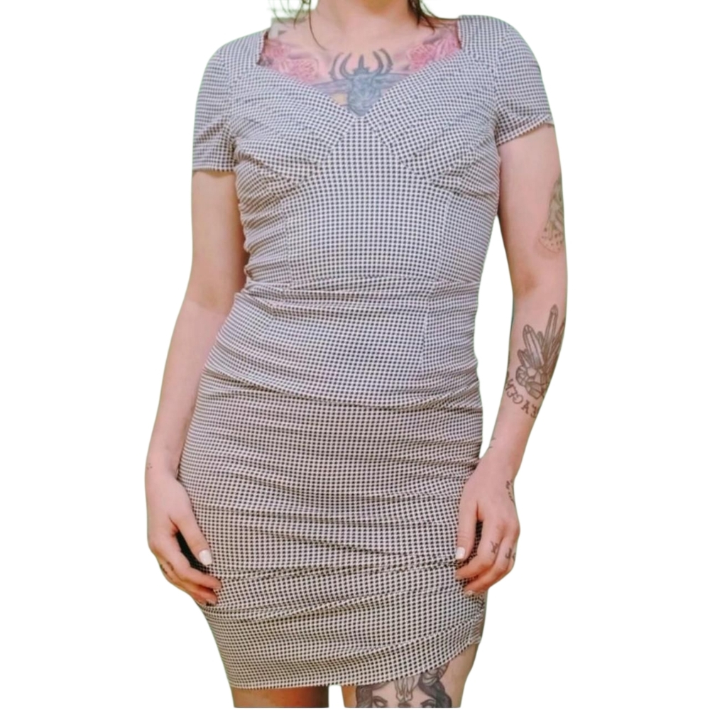 Unique Vintage Black and White Gingham Bodycon Dress Medium